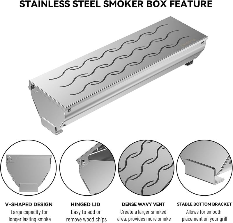 Skyflame Stainless Steel Wood Chip Smoker Box, BBQ Meat Smoking with Wavy Vent and Hinged Lid, Large Capacity for Gas/Charcoal Grill, V Shape with Flat Base Bottom - Image 3